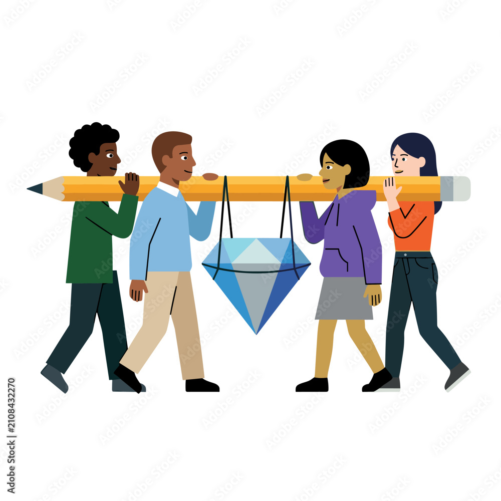 Obraz premium Diverse Team Carrying Giant Pencil and Diamond | Concept of Collaboration