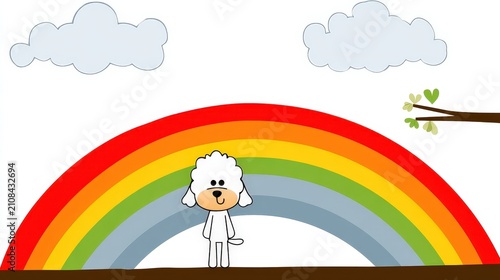 Cute white cartoon dog standing under colorful rainbow with green leaves and clouds