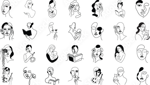 Line art illustration of women's faces in various activities