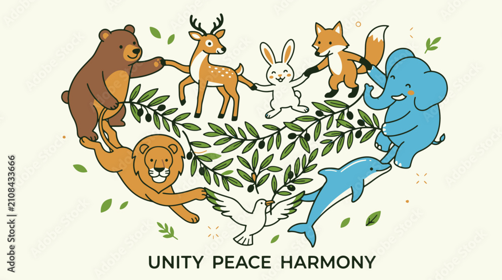 Fototapeta premium Cartoon animal heart shape with leaves for unity peace harmony banner concept.