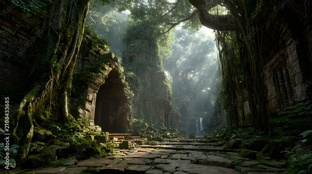Fototapeta premium Ancient stone ruins in a lush jungle. Overgrown temple path with sunlight and trees.