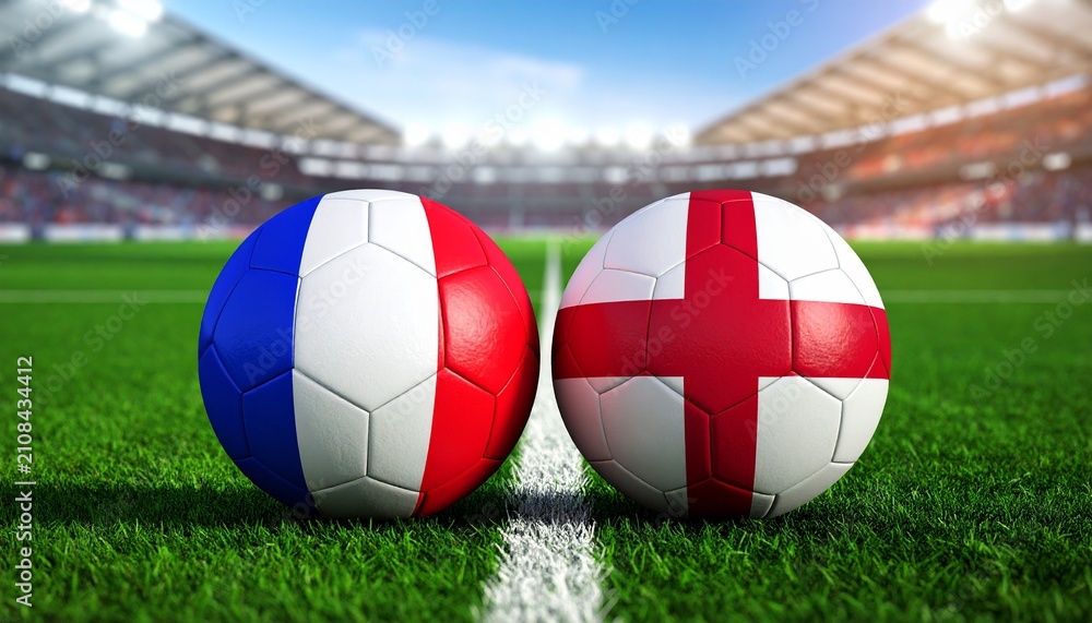 Fototapeta premium England and France flag soccer balls on stadium field, symbolizing rivalry, competition, and national pride in sports visualization.