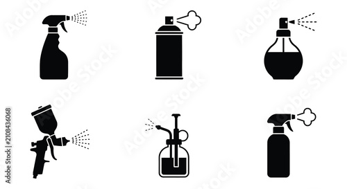 Fotografía Spray bottles and canisters black silhouette vector illustration on white backgr