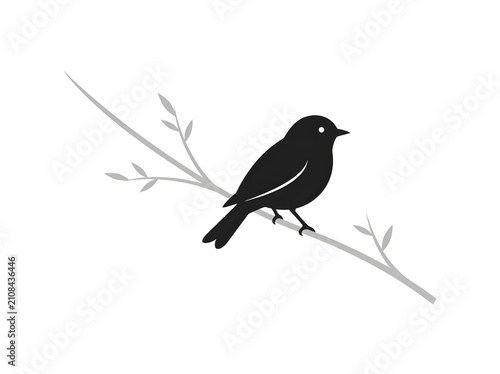 Minimalist vector illustration of a small bird perched on a branch isolated on transparent background