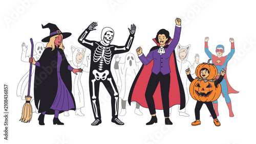 Obraz na płótnie Halloween Costume Party: A vibrant and playful illustration depicts a group of children and adults in various imaginative Halloween costumes, celebrating the spooky season with joy and excitement