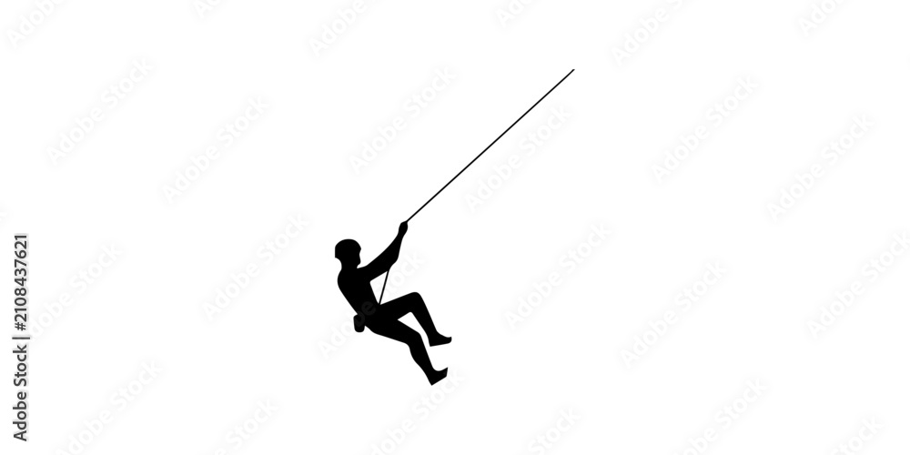 Fototapeta premium Rock Climber Rappelling Black Silhouette Icon Isolated on White Background Vector.