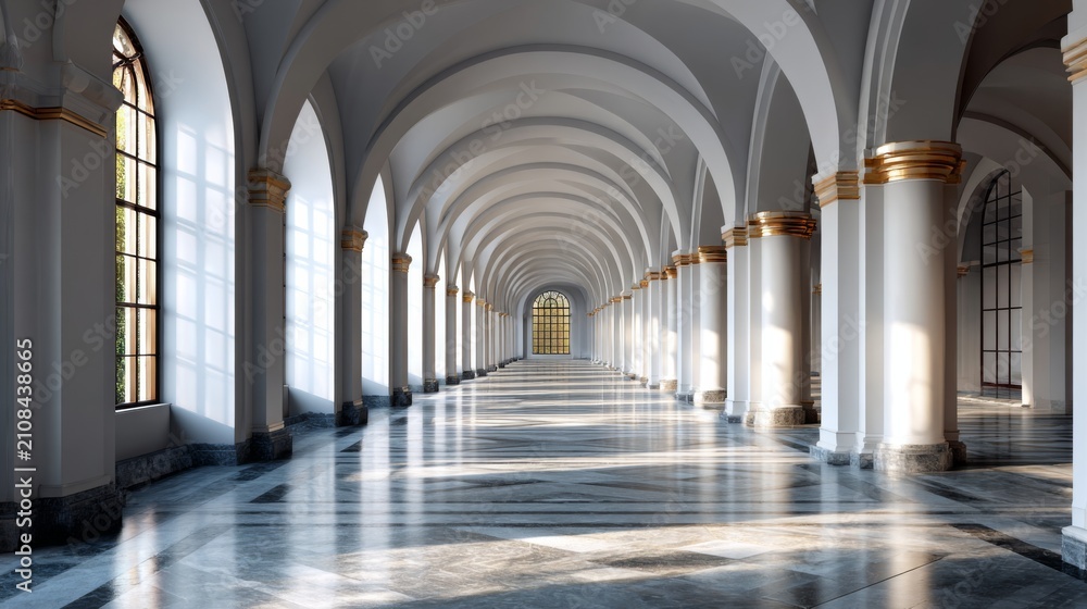 Obraz premium Long elegant hallway with white columns and arched windows in a classic building