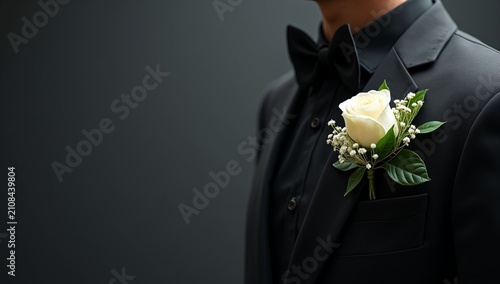  An original luxury wedding boutonniere featuring a fresh ivory white rose accented with delicate baby's breath flowers, 