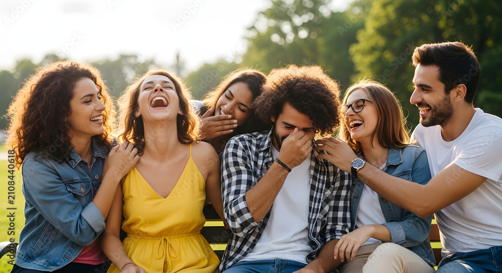 Fototapeta premium Friends laughing together outdoors park bench sunny day happy joy connection togetherness.
