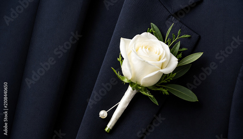 Elegant boutonniere on dark suit lapel.