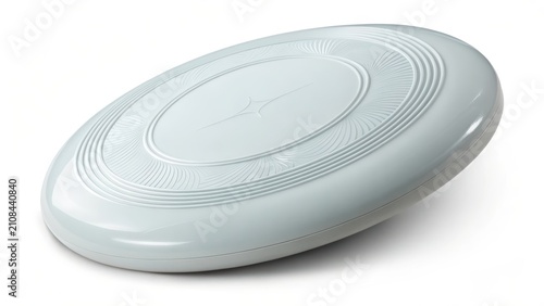 A white frisbee, also known as a flying disc, is shown from a high angle, isolated on a white background, ready for a game of catch