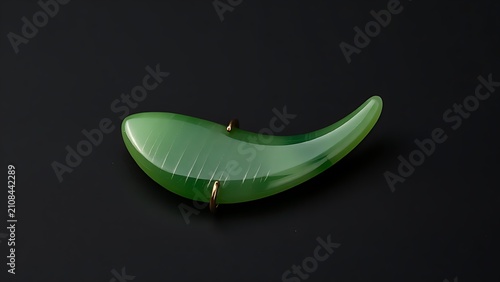 A slender green jade pendant shaped like a silique on a dark background.