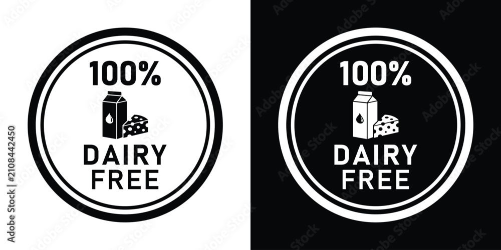 Obraz premium Circular 100% dairy free vector stamp icon with milk carton and cheese wedge graphics in black and white versions for food packaging labels.