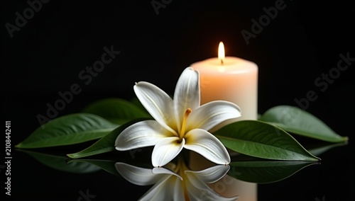 photograph of a graceful white oriental lily resting beside a glowing ivory pillar candle on a glossy black reflective surface. 