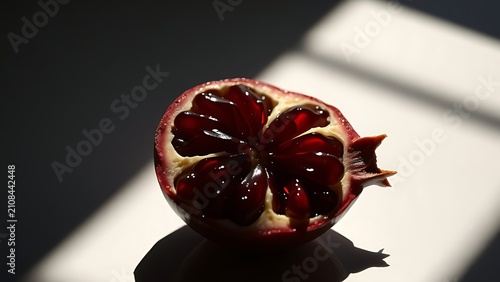 Halved pomegranate with red seeds at light and shadow border.