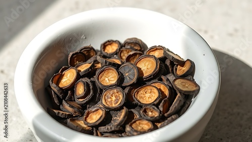 Dried slices of valerian root scattered in a white ceramic mortar with soft natural side lighting.
