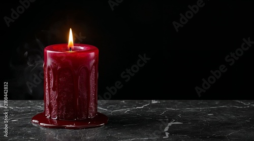  photograph of a single deep crimson pillar candle with naturally flowing melted wax drips and a warm glowing flame