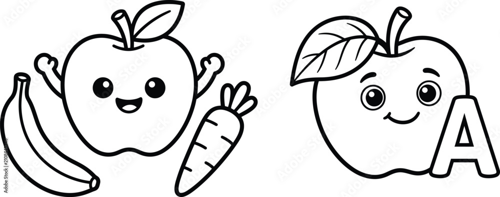 Obraz premium Cute cartoon apple, banana, and carrot vector line illustration coloring page for kids education.