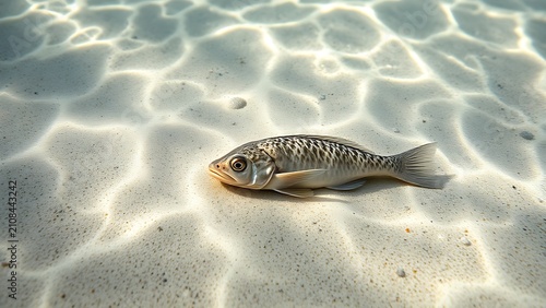 A single plaice fish resting on a sandy seabed in shallow, sun-dappled water.