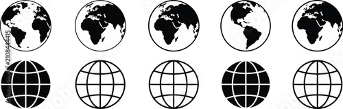 Globe, icon set, world communication symbols, global network, internet access, web interface, earth connection, international technology, black and white, modern vector
