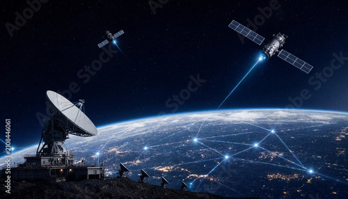 Satellite network beam connectivity to earth global telecommunication ground station infrastructure with satellite communication technology connection transmission infrastructure wireless