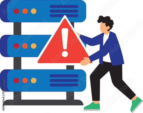 IT engineer handling server system error with red warning alert icon vector illustration
