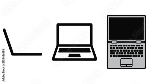Set of black laptop icons in various perspectives and open states with computer notebook technology hardware interface business