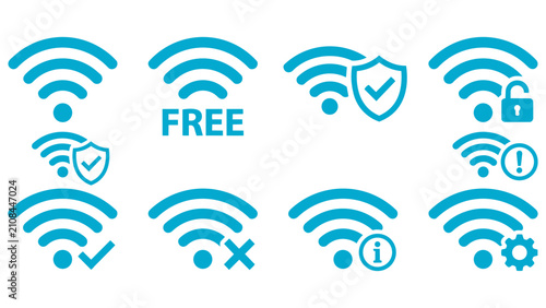 Collection of blue wireless internet signal strength icons with internet wireless connectivity communication technology security