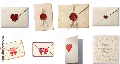 Collection of vintage envelope and sealed letter elements isolated on transparent background featuring wax seals, heart decorations and stationery, ideal for romance, invitations and design.
