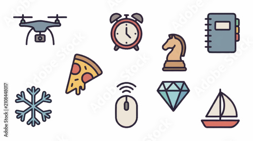 Colorful flat icons of various objects and symbols.