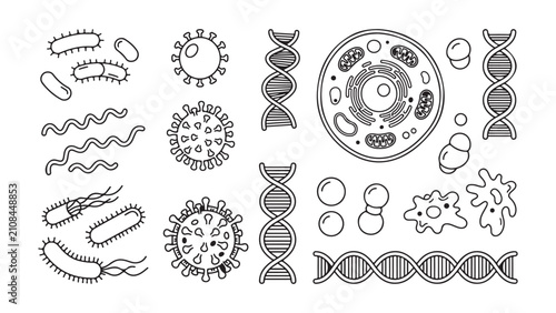 Biological Science Vector Set Featuring DNA Helixes Animal Cells and Various Bacteria Types