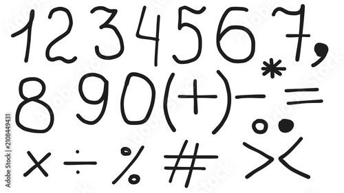 Collection of hand drawn numbers 0-9 and mathematical symbols including plus, minus, multiplication, division, equals, percent. Black sketchy doodle style vector icons isolated on white background.