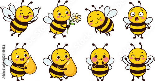 Cute Honey Bee Cartoon Character Sticker Set with Happy Bumblebee Mascots and Sweet Honey Drops for Children Education, Games, and Organic Food Brand Packaging