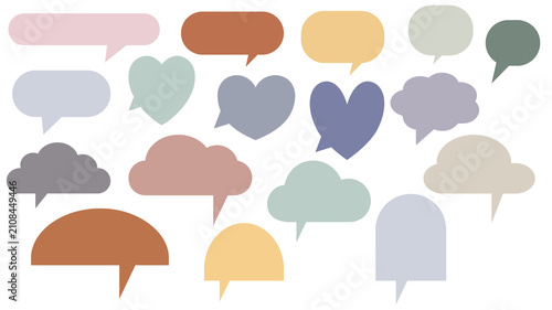 Collection of speech bubbles in various shapes including hearts and clouds. Muted earthy tones in pink, brown, yellow, gray, blue, green. Vector illustration isolated on white background.