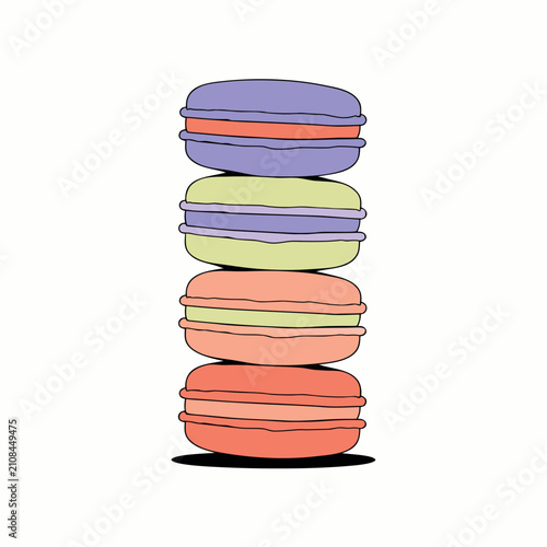 Cute pastel macarons stack vector illustration, four colorful French macarons with different cream fillings, 