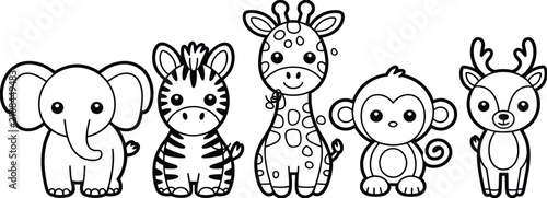 African cute animals featuring an elephant, zebra, giraffe, monkey, and gazelle, illustrated with simple thick lines, adorable children's cartoon style, clean coloring book pages, and easy-to-vectoriz