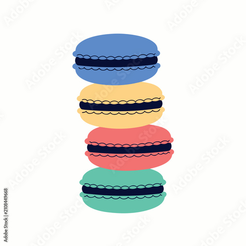 Cute pastel macarons stack vector illustration, four colorful French macarons with different cream fillings, 