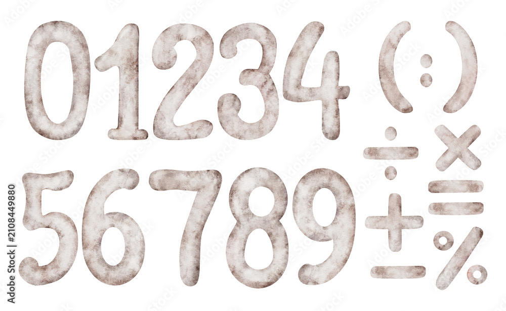 Obraz premium Watercolor mathematical signs and numbers From one to nine and zero. Hand painted Math addition Plus, minus, multiply, divide, equal illustrations. Symbol clipart isolated on background