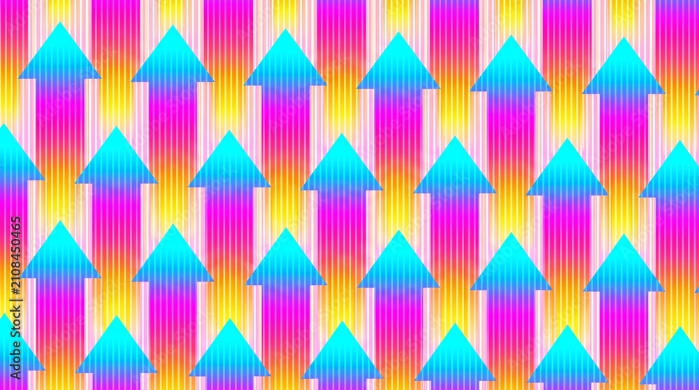 Abstract pattern with colorful arrows pointing up in neon pink blue and yellow colors on a bright background
