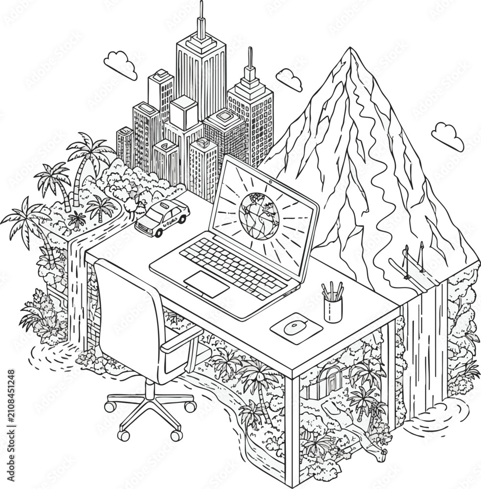 Fototapeta premium Isometric black and white line art illustration of a workspace integrated with nature and city elements.