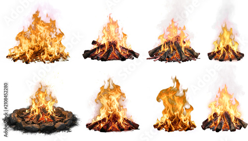 Collection of realistic campfire fire elements isolated on transparent background with flames, logs, embers and smoke, perfect for games, visual effects, compositing and creative design.