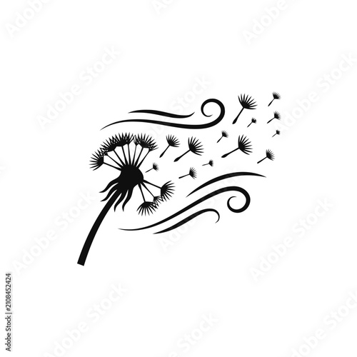 Dandelion seeds blowing in the wind, black silhouette on white background.
