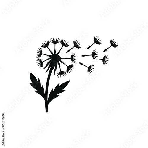 Black Silhouette Dandelion Spreading Seeds on White Background