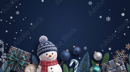 Cute 3D Snowman with Christmas Gift Boxes Baubles and Clock on Navy Blue Background

