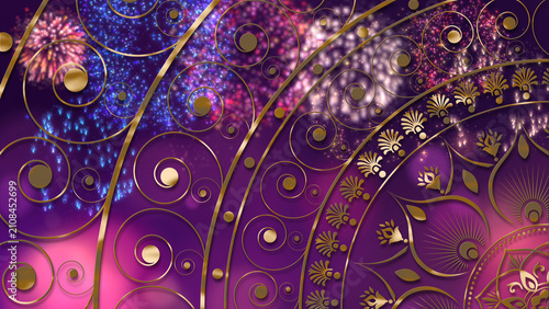 Diwali festival background with ornate Indian mandala, golden decorative elements, vibrant purple and gold luxury backdrop, festive celebration design with copy space for greeting cards, banners