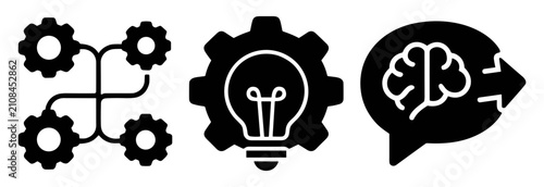 Cuadro en lienzo Set of icons representing process, innovation, and brainpower with gears, light