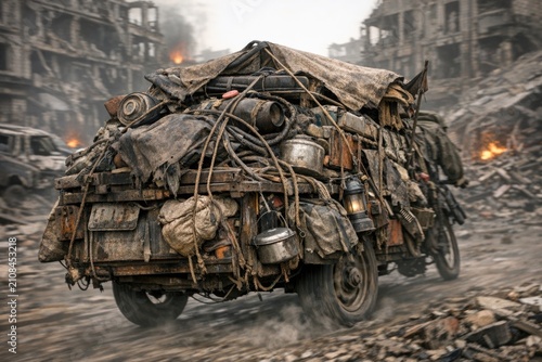A vehicle carrying various goods travels along an unpaved path