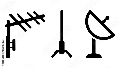 Black communication antenna and satellite dish icons