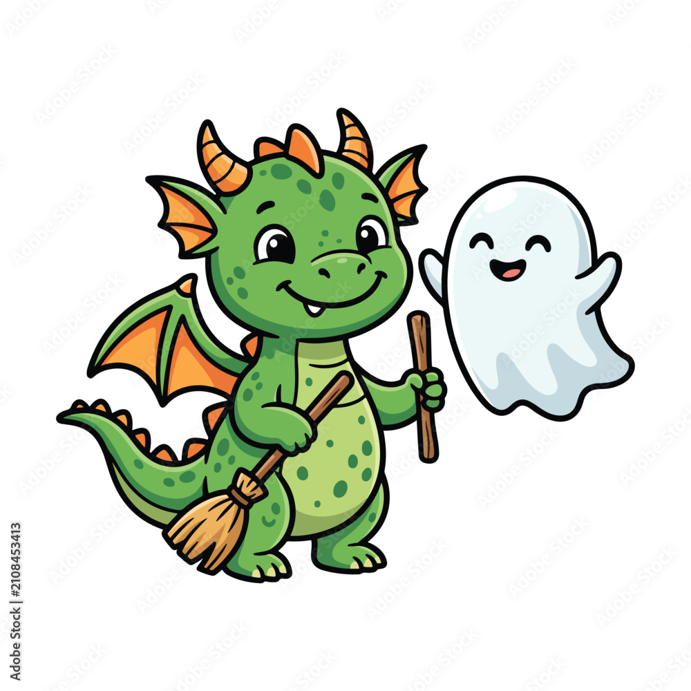 Naklejka premium Cute baby dragon carrying a broomstick. Fantasy creature in a whimsical scene.