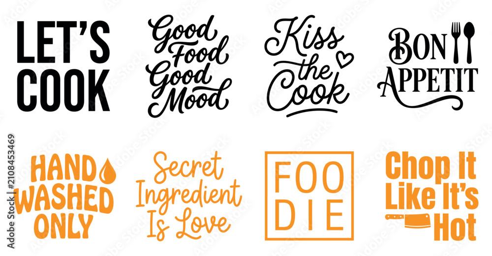 Obraz premium Set of kitchen quotes and cooking phrases for home decor and posters with stylish typography and design Minimal Typography text bundle collection. Editable Vector Illustration Mega pack